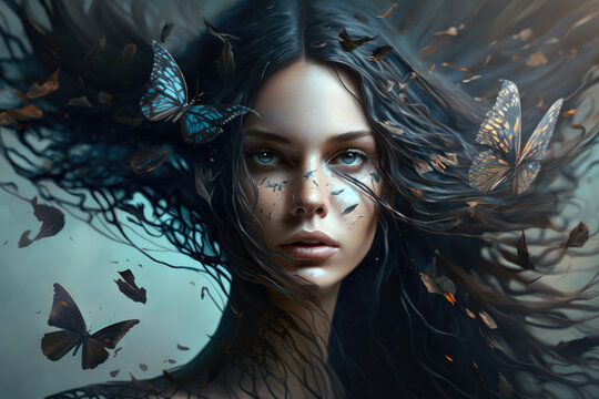 Surreal portrait of a woman with butterfly wings, her dark hair flowing in the wind as she gazes off into the distance, generative ai