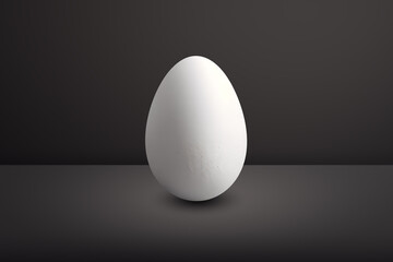 white egg  in front of a black wall and on a black floor