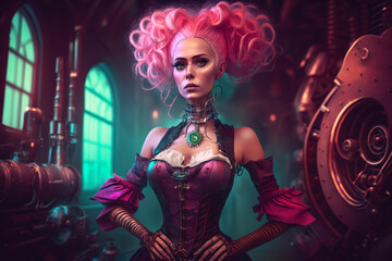 surreal portrait of a woman with neon pink hair, wearing a Victorian era dress and standing in front of a steampunk-inspired background, generative ai