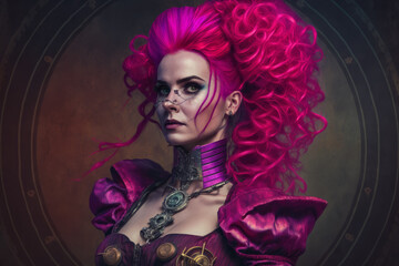 surreal portrait of a woman with neon pink hair, wearing a Victorian era dress and standing in front of a steampunk-inspired background, generative ai