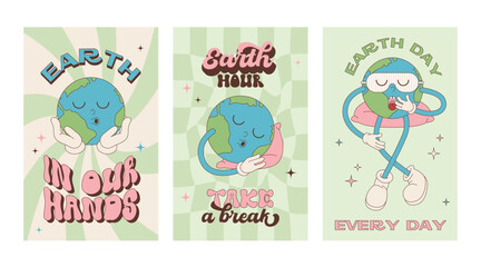 A set of retro Groove Earth Day posters. The jolly character cartoon Earth rests and sleeps, a creative concept. Editable stroke
