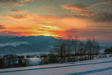colorful winter orange sunset in the mountains - obrazy, fototapety, plakaty