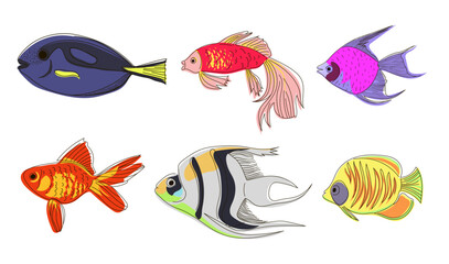 Set of bright fish in doodle style. Vector illustration of six fish isolated on a white background.