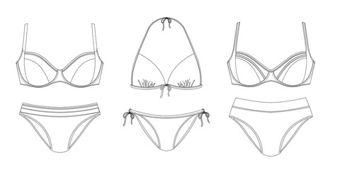 Woman swimwear, technical drawing, template, sketch, flat, mock up. Recycled PA, Recycled PES, Lycra fabric swimwear front view, white color