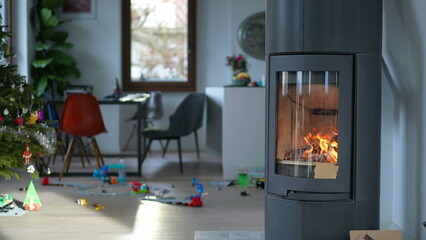Cozy house chimney fire place fire burning in a modern interior