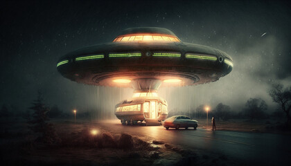 Naklejka na ściany i meble Mysterious Nighttime UFO Abduction with Trailer and Car in Frame, generated by IA