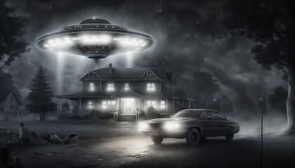 Fototapeta na wymiar Mysterious UFO Abduction with Intricate Farmhouse and Forest Setting, generated by IA