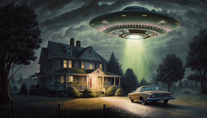 Fototapeta na wymiar Incredible UFO Abduction Scene with Detailed Farmhouse and Forest Background , generated by IA