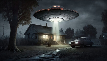 Alien Abduction: Insanely Detailed UFO Scene with Farmhouse and Car , generated by IA - obrazy, fototapety, plakaty