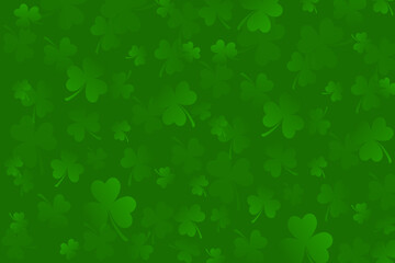 Green clover leaves background. St. Patrick's day template. Spring nature backdrop with flying shamrock. Place for text. Vector illustration for poster, flyer, web banner or social media.