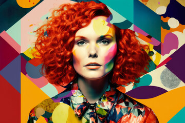 Vibrant and bold abstract collage of a woman with curly red hair, wearing a colorful bohemian outfit and accessorized with jewelry, generative ai