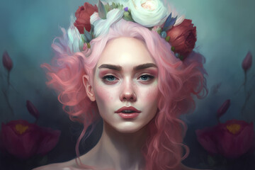 Vibrant and Ethereal portrait of a Woman with Pastel Pink Hair and a Flower Crown, generative ai