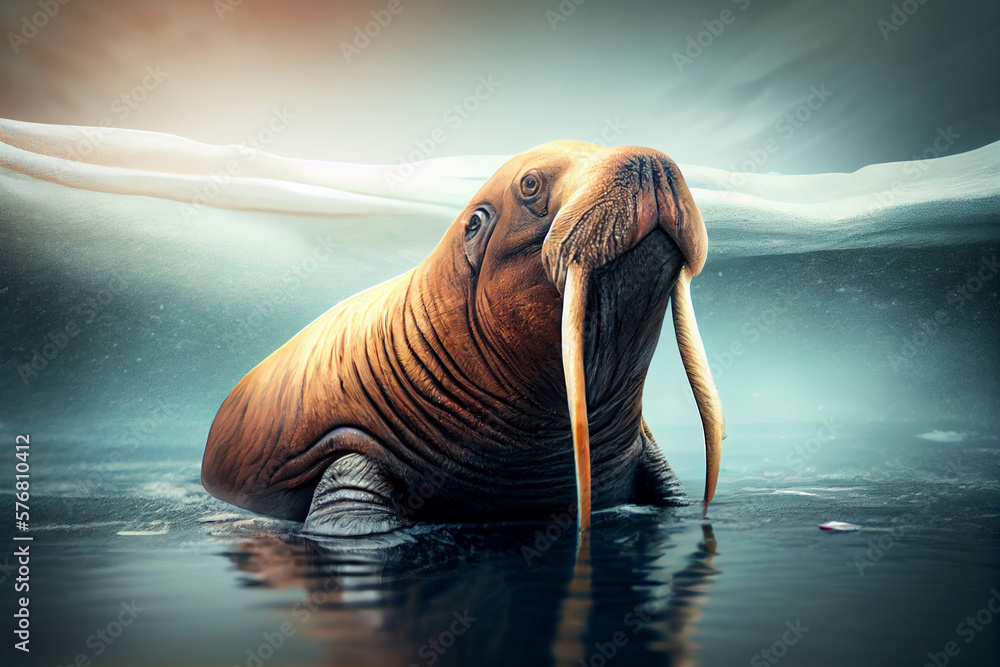 Wall mural Beautiful photo walrus, natural background. Generative AI technology.
