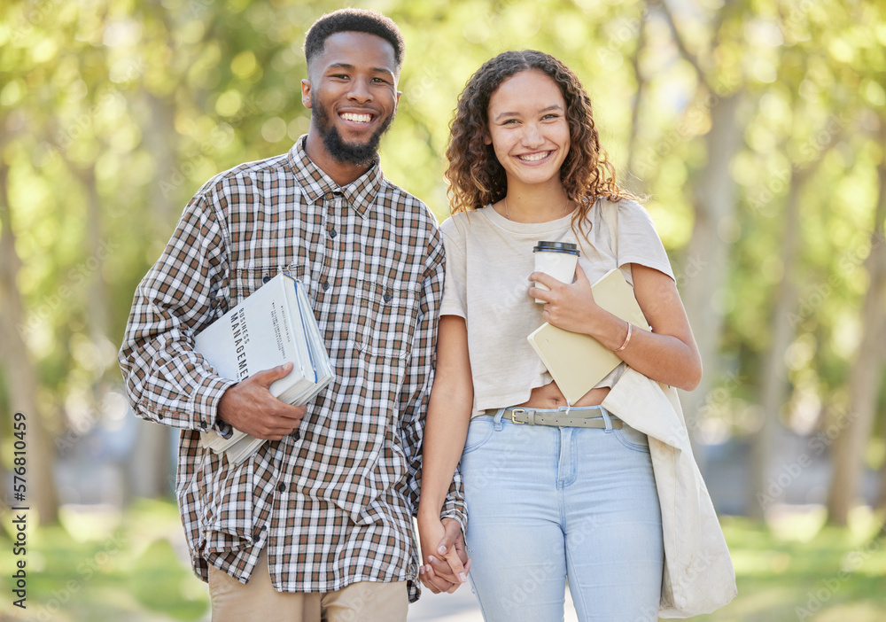 Canvas Prints College, holding hands and portrait of interracial couple in park for relax, study date and learning. Academic, textbook and education with black man and woman for university, care and bonding