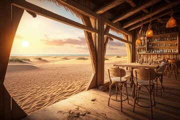 Wooden bar interior by the beach, wooden restaurant overlooking the sea at sunset, Generative AI