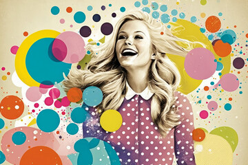 Obraz na płótnie Canvas Whimsical and playful abstract collage of a woman with long blonde hair, wearing a colorful polka dot dress and holding a bouquet of flowers, generative ai