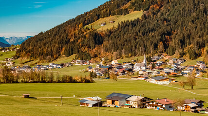 Fototapeta na wymiar Beautiful aerial autumn or indian summer view at St. Jakob in Haus, Tyrol, Austria