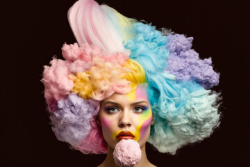Whimsical portrait of a woman with pink cotton candy hair wearing a rainbow tutu, generative ai