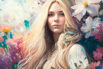 Whimsical woman with long blonde hair and a flowy pastel dress in a garden of oversized flowers, generative ai