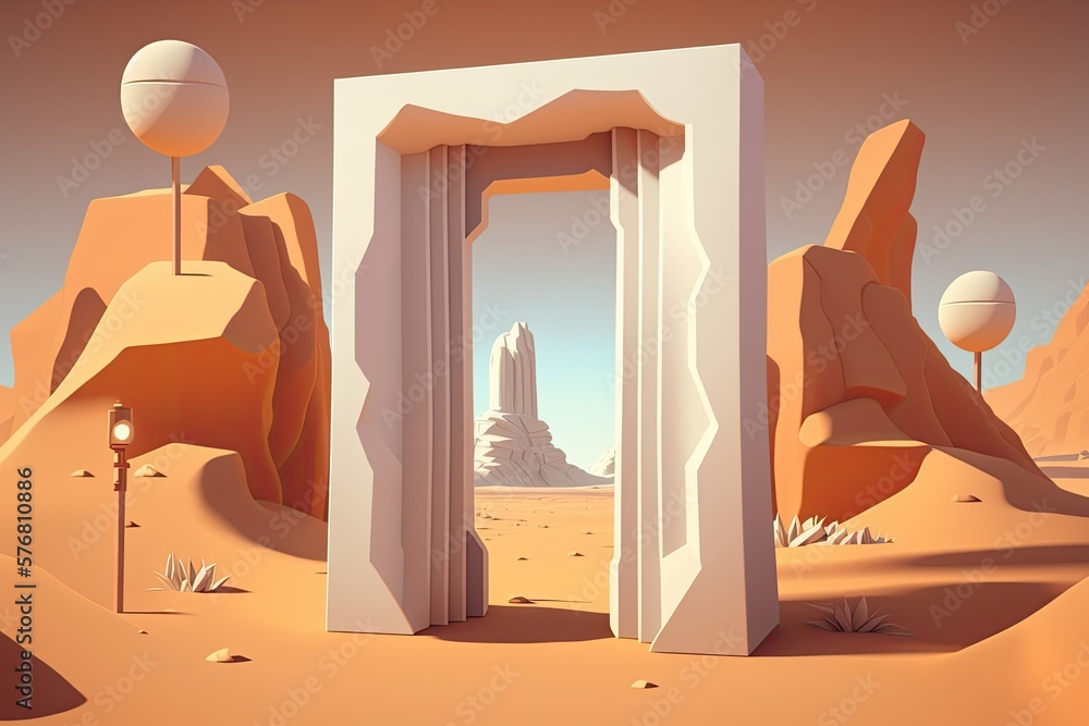 Poster Unrealistic desert setting with square white gateways perched atop sand ridges. Minimalist, abstract, and up to the minute style. Sci fi idea based on aliens. Generative AI