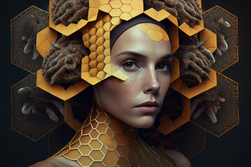 woman with a honeycomb for a headpiece in a surreal portrait , generative ai