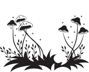 cute little families of mushrooms in grass 