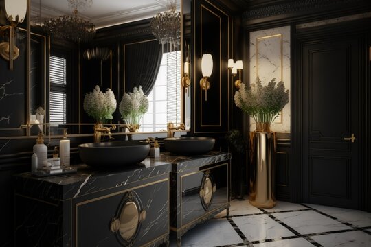 Luxury bathroom with black marble finishes and golden metals, Generative AI
