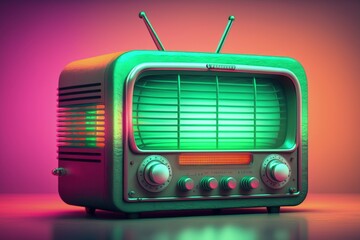 Old radio on purple background, Generative AI