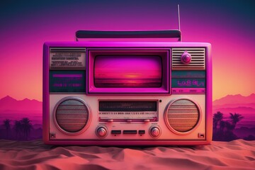 Old radio on background with purple and pink colors vaporwave style, Generative AI - obrazy, fototapety, plakaty