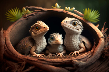 Baby dragons in the nest. Super cute monster. Fantasy. 3d illustration. Three iguanas.