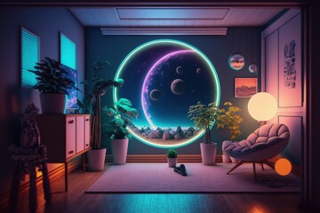 Living room with universe and space decoration with led and neon lights, Generative AI