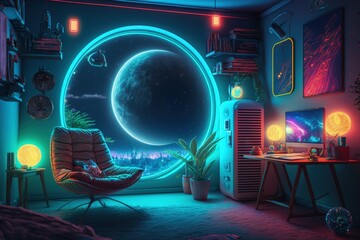 Living room with universe and space decoration with led and neon lights, Generative AI