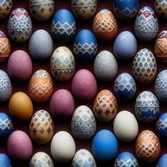 Fototapeta na wymiar Seamless texture of Easter eggs. Tiles without borders. The repeating ornament is very detailed. Generative art.