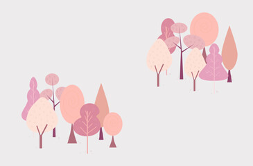 Vector illustration of a forest with trees and bushes in pink color.