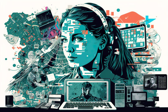 Education and work in the field of computer technology. Advanced technology helps our everyday life. AI generated vector illustration.