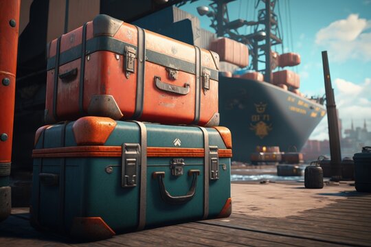 Old suitcases on the dock with old ships, Generative AI