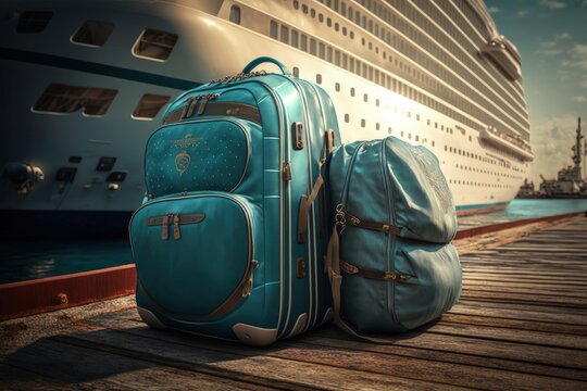 Suitcases in port with cruise ship in background, Generative AI