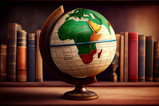 An old globe with Africa on the table against the background of bookcases. Concept on the topic of history, science, culture, education