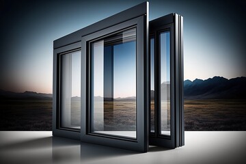 Home Exteriors, modern triple-pane windows feature reflective glass and sleek black frames, set against a serene mountainous backdrop, reflecting the beauty of minimalism.