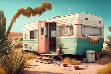 Travelling on motorhome. Road trip at summer holidays. Vehicle trailer for living at sea beach. Outdoor recreation. Created with Generative AI - obrazy, fototapety, plakaty