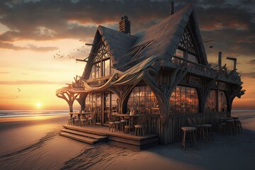 Obraz premium Wooden restaurant on the beach sand overlooking the sea and sunset, Generative AI