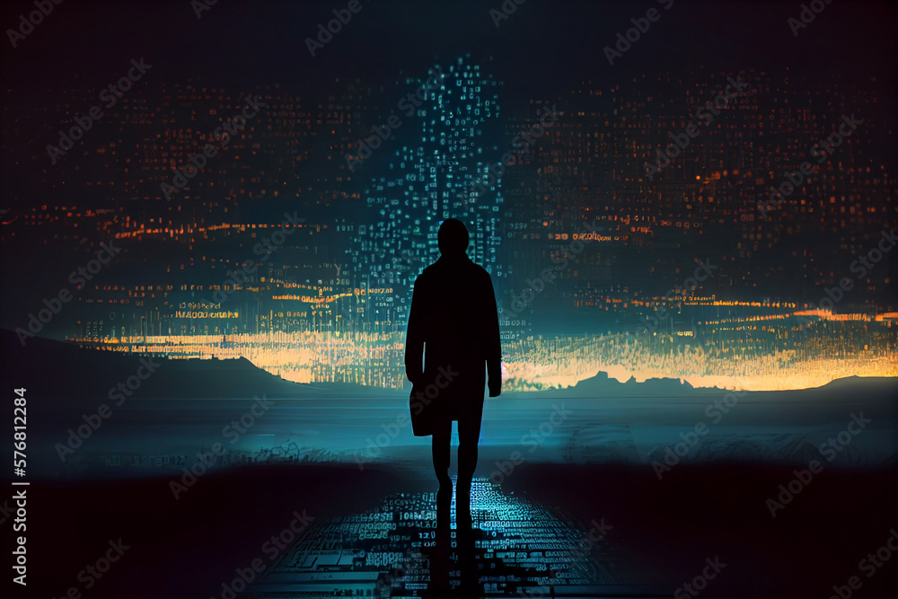 Aufkleber silhouette person Digital binary data on computer screen