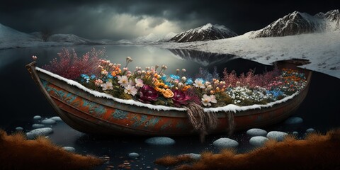 Obraz premium Wooden boat full of flowers in winter landscape, concept of Seasons and Nature, created with Generative AI technology