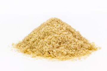 organic sugar pile, raw sugar on isolated white background, Side view of unrefined raw cane sugar pile