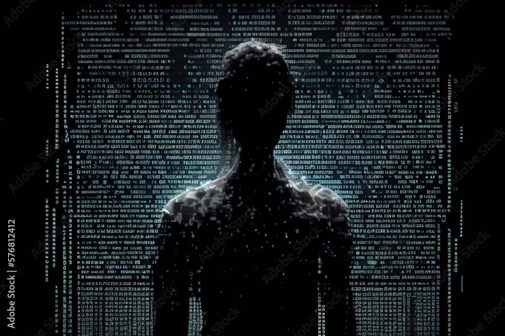 Aufkleber silhouette person Digital binary data on computer screen