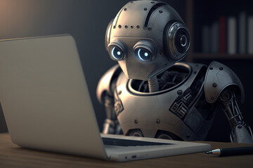 Robot writing on a laptop computer. Artificial intelligence metaphor