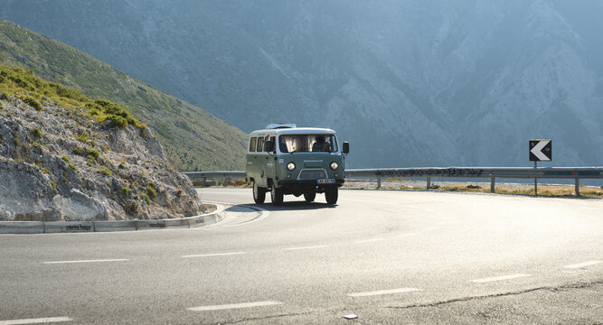 Albania Tirana 24.07.2020: South Ural SUV UAZ rides in the mountains of Albania.