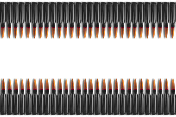 Bullets on white banner background. Cartridges for machine guns.