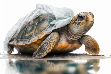 Fototapeta na wymiar Turtle stuck in plastic bag, Turtle stuck in sea rubbish. Generative Ai