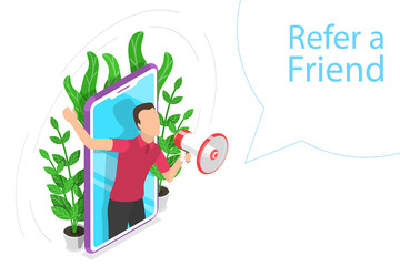 Isometric flat  concept of refer a friend illustration.